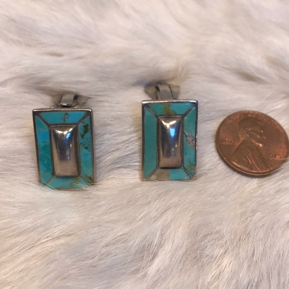 Vintage Turquoise Inlay Earrings Sterling Silver 925 Clip on